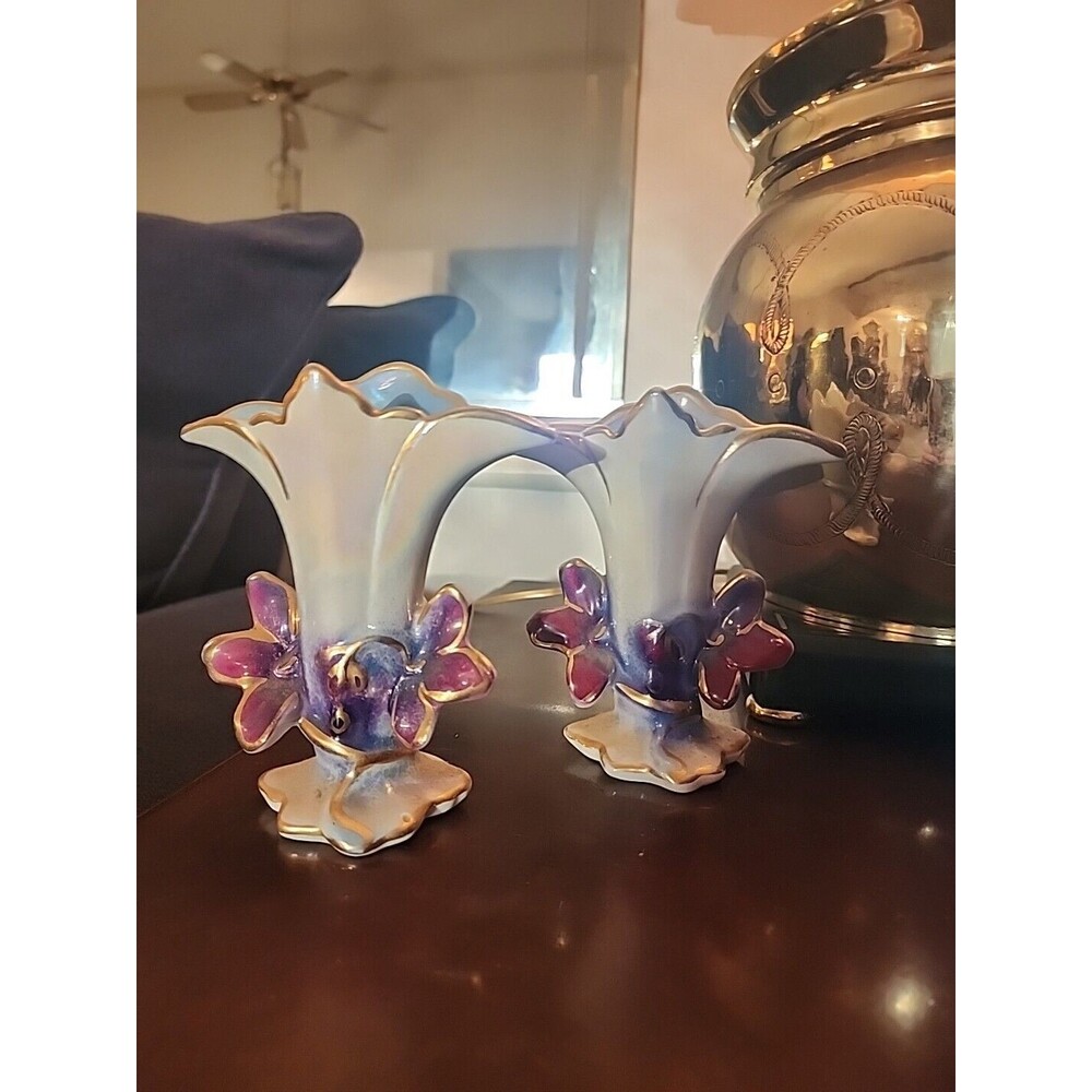 Vintage Goldra E Palestine Lusterware Gold Trim Fan Shaped Vase Set of 2